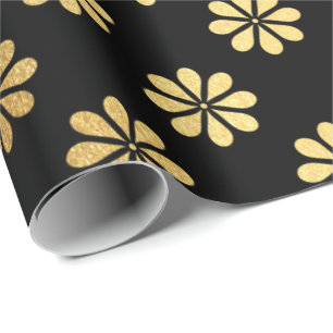 Papel De Presente Pétalas Douradas da Flor Margerita Elegante Preto