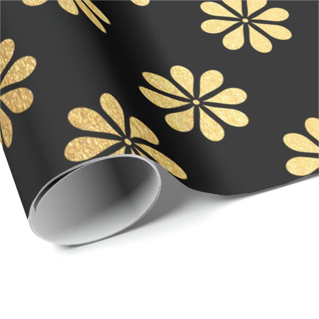 Papel De Presente Pétalas Douradas da Flor Margerita Elegante Preto (Ponta do rolo)