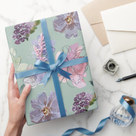 Papel De Presente Pétalas Rosa Roxo Fundo Verde Menta