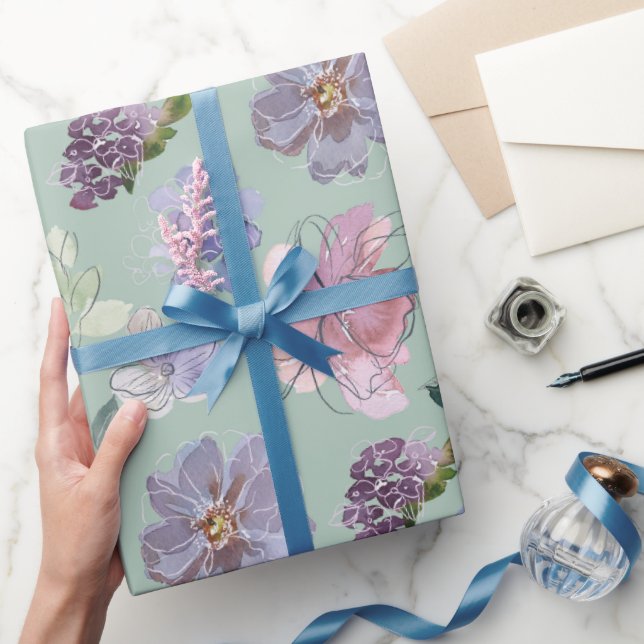 Papel De Presente Pétalas Rosa Roxo Fundo Verde Menta (Presentear)