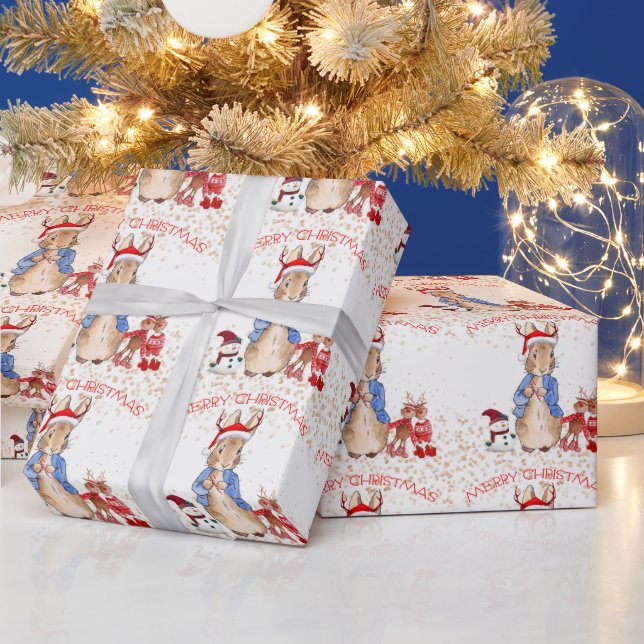 Papel De Presente Peter o Rabbit Christmas Hat Reindeer Red White (Feriados)