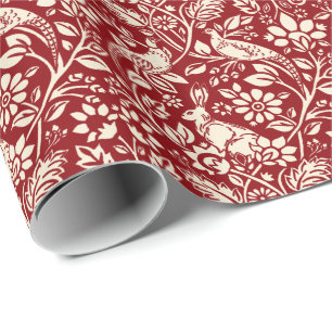 Papel De Presente Pheasant and Hare Patterno, Deep Red and Cream
