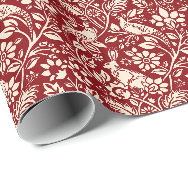Papel De Presente Pheasant and Hare Patterno, Deep Red and Cream (Ponta do rolo)