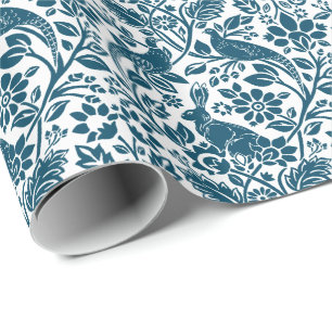 Papel De Presente Pheasant and Hare Patterno, White e Dark Blue