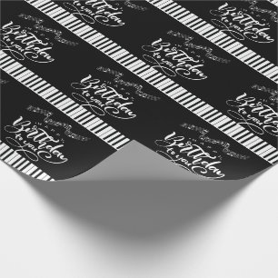 Papel De Presente Piano Keys e Musical Notes Black White Aniversário