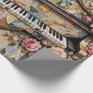 Papel De Presente Piano & Rosas Estilo de Colagem Caprichosa Românti