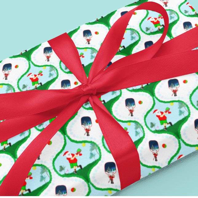 Papel De Presente Pickle ball Christmas Com Papais noeis Na Flórida (Festive retro pickleball wrap - Santa plays with tropical vibes and flair!)