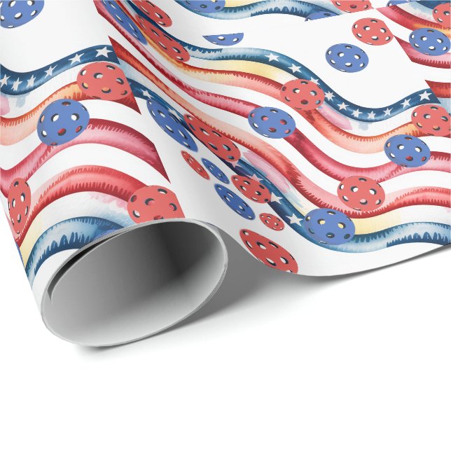 Papel De Presente Pickleball temático americano para 4 de julho  (Ponta do rolo)