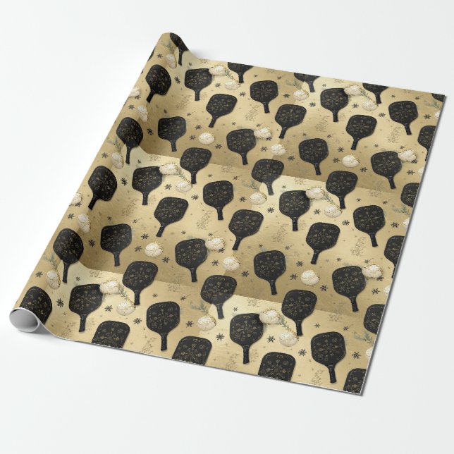 Papel De Presente Pickleball temático de Natal Preto e Dourado (Desenrolado)