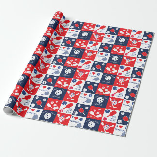 Papel De Presente Pickleball Vermelho Branco Engraçado Padrão Azul