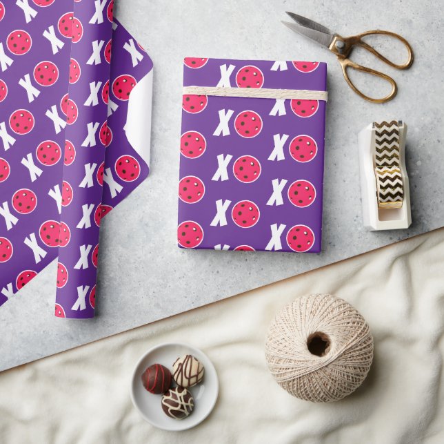 Papel De Presente Pickleball XOXO Abraços e Beijos Rosa Branco Roxo (Artesanato)