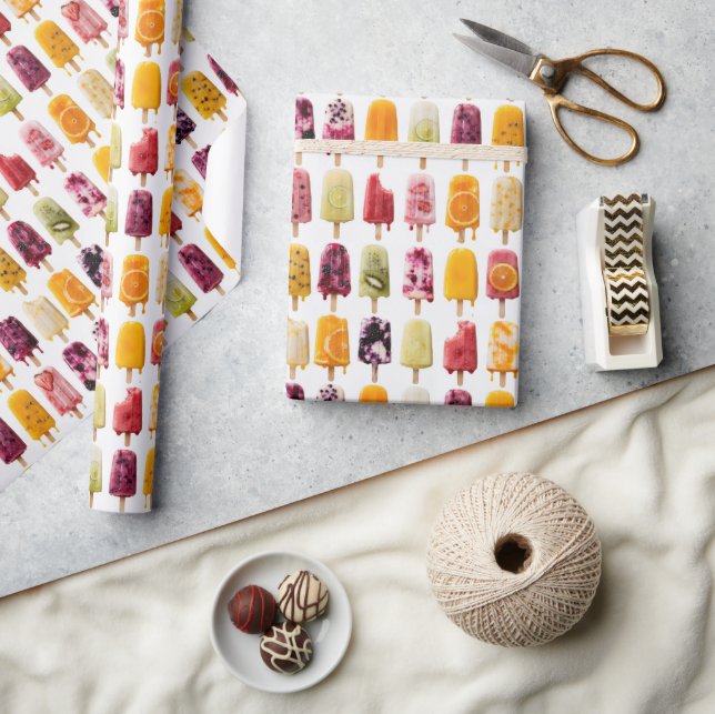 Papel De Presente Picolés de Frutas Congeladas Sortidas em Branco (Artesanato)