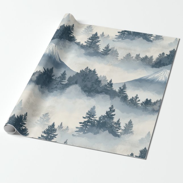 Papel De Presente Picos de Montanhas Nevadas Suaves - Azul Branco (Desenrolado)