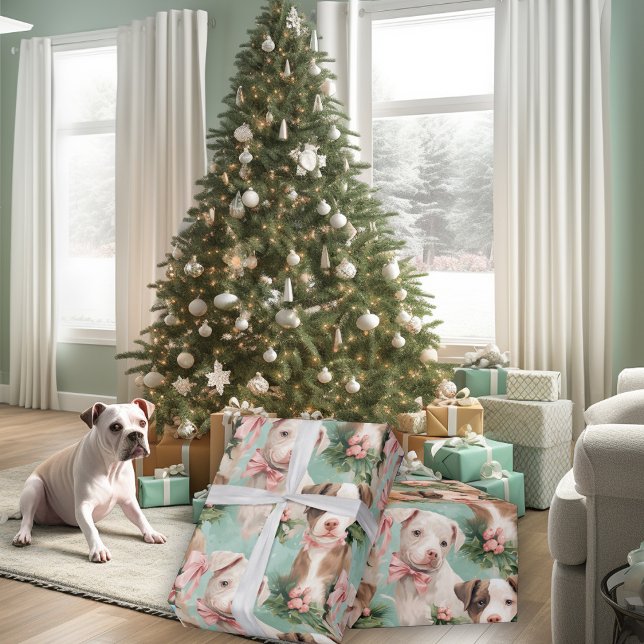 Papel De Presente Piebald Pitbuld Adorável Pinças de Natal Verde (Criador carregado)