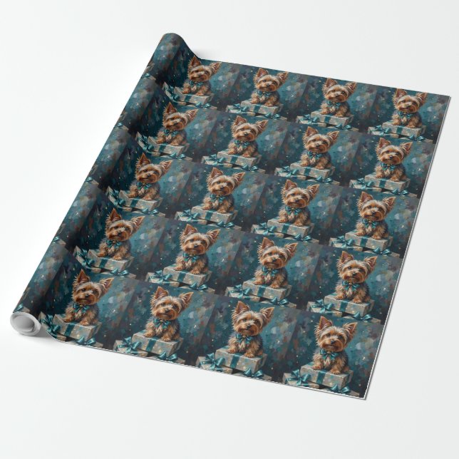Papel De Presente Pilha de Presentes de Férias de Cachorro Yorkshire (Desenrolado)
