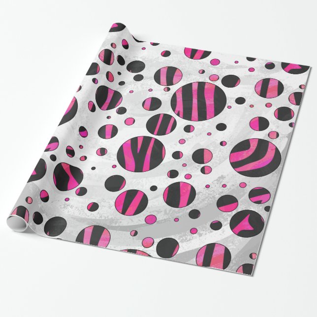 Papel De Presente Piloka Dot Zebra Preta e Rosa Quente (Desenrolado)