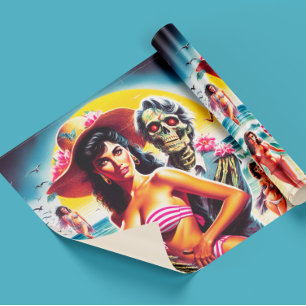 Papel De Presente Pin-up de Praia de Zumbi Sinistro