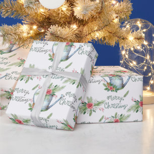Papel De Presente Pincel de Azul Pastel Roteiro Feliz Natal Floral