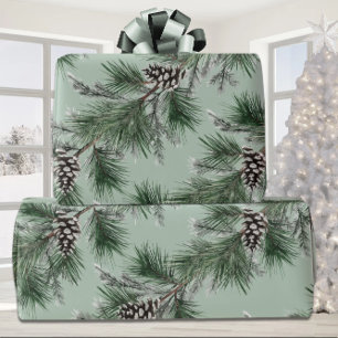 Papel De Presente Pine Branco Verde Cones Silver Spruce Garland Sage