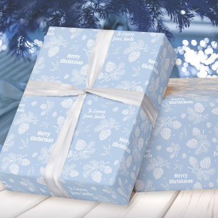 Papel De Presente Pine Cone Padrão Blue Name Texto Natal