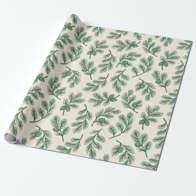 Papel De Presente Pine Needle Lane - Impressão Botânica de Pinha (Desenrolado)