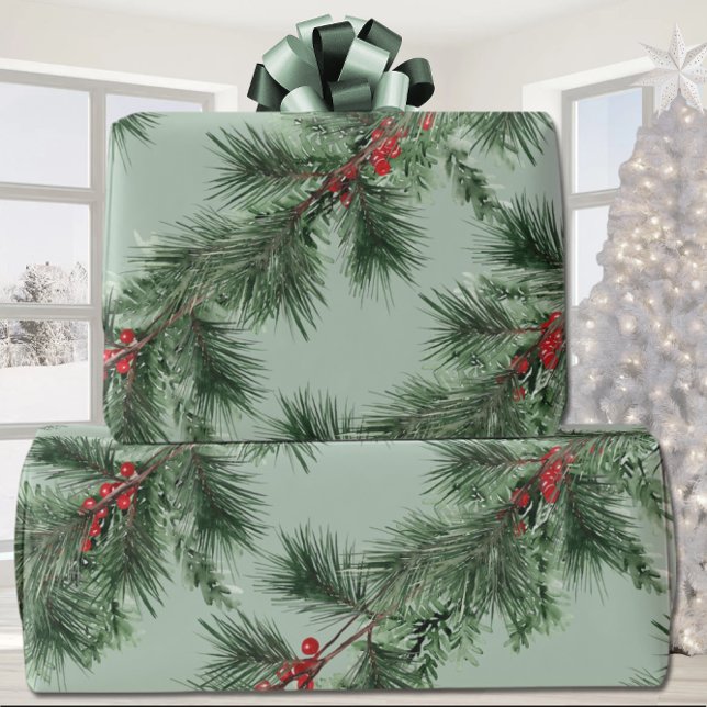 Papel De Presente Pine Verde Spruce Red Berries Garland Sage (Criador carregado)