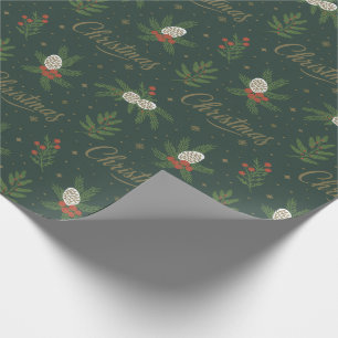 Papel De Presente Pinecones de Natal Moderno e Feliz Berries Vermelh