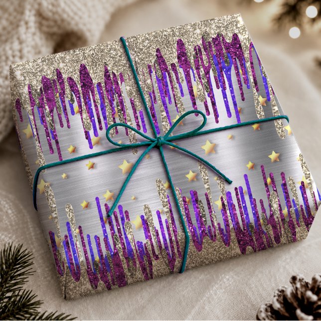 Papel De Presente Pinga Fantasia Roxo Dourado Brilho (Criador carregado)