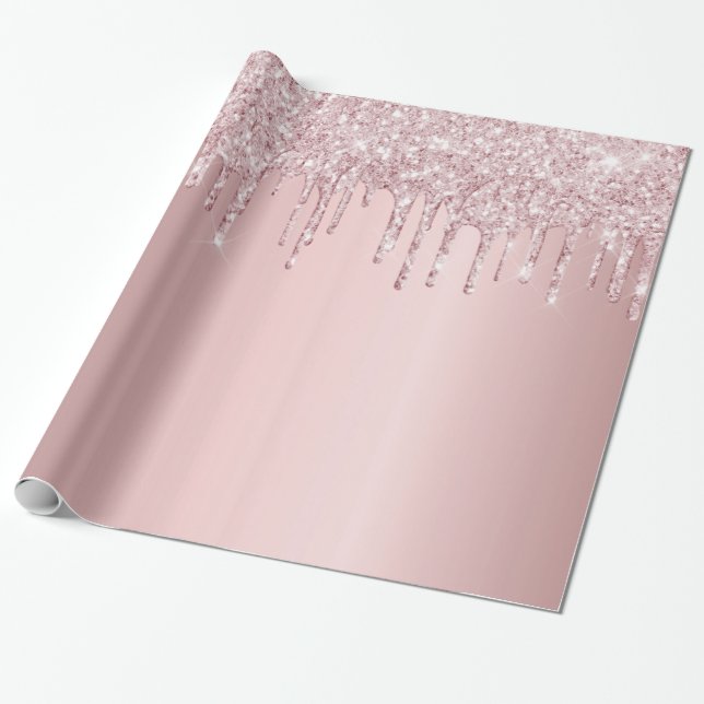 Papel De Presente Pingo de brilho rosa de aniversário faísca rosa em (Desenrolado)
