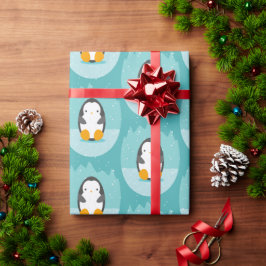 Papel De Presente Pinguim bonito no padrão azul de animação do inver