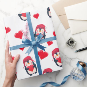 Papel De Presente Pinguim Coração Bonito Inverno