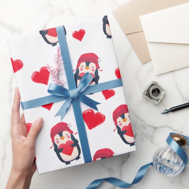 Papel De Presente Pinguim Coração Bonito Inverno (Presentear)