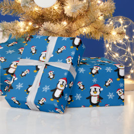 Papel De Presente Pinguim de Inverno de Natal em Fundo Azul Personal