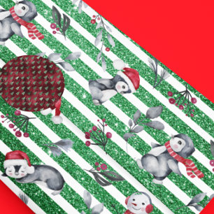Papel De Presente Pinguim de Natal Homem de Neve Listras Verde Brilh