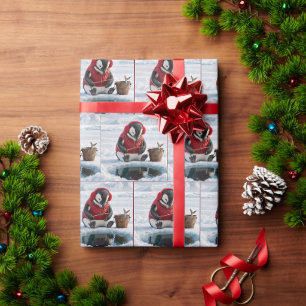 Papel De Presente Pinguim de Natal Pescando no Gelo em uma Geleira Á