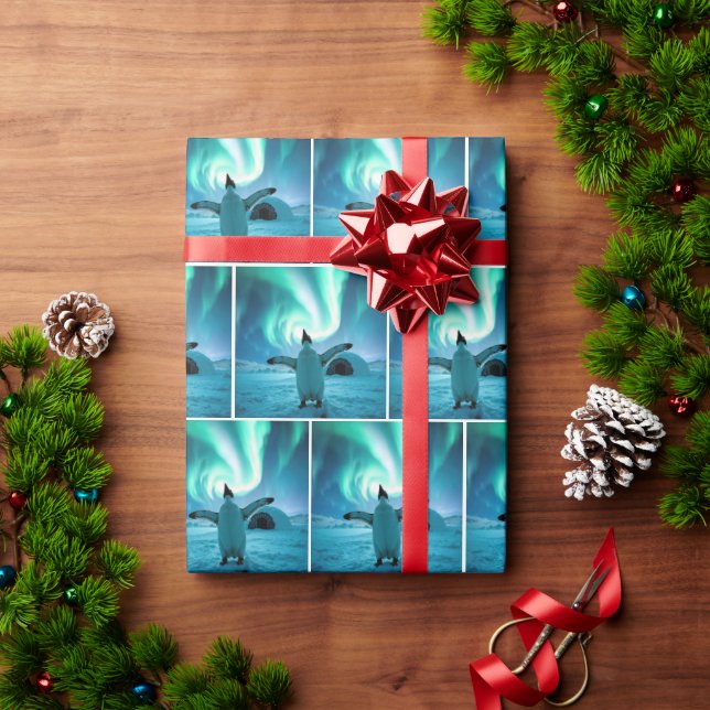 Papel De Presente Pinguim Feliz Dançando Sob Luzes do Norte (Presente de Natal)