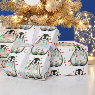Papel De Presente Pinguim Feriado - Luzes vermelhas cintilantes e ve