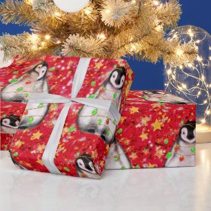 Papel De Presente Pinguim Feriado - Luzes vermelhas e verdes cintila