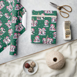 Papel De Presente Pinguim Gelado Padrão Escuro Verde e Rosa Natal