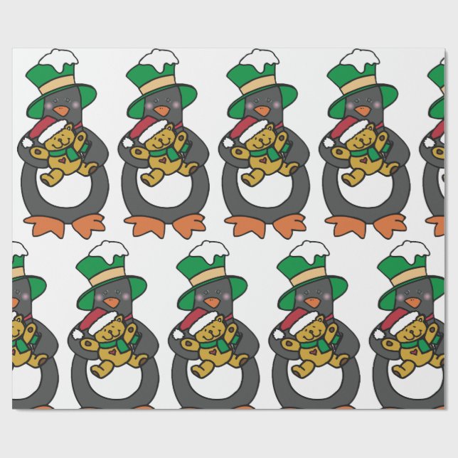 Papel De Presente Pinguim Irlandês Segurando Urso de Pelúcia de Nata (Aberto)