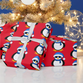 Papel De Presente Pinguim legal bonito, padrão de inverno vermelho