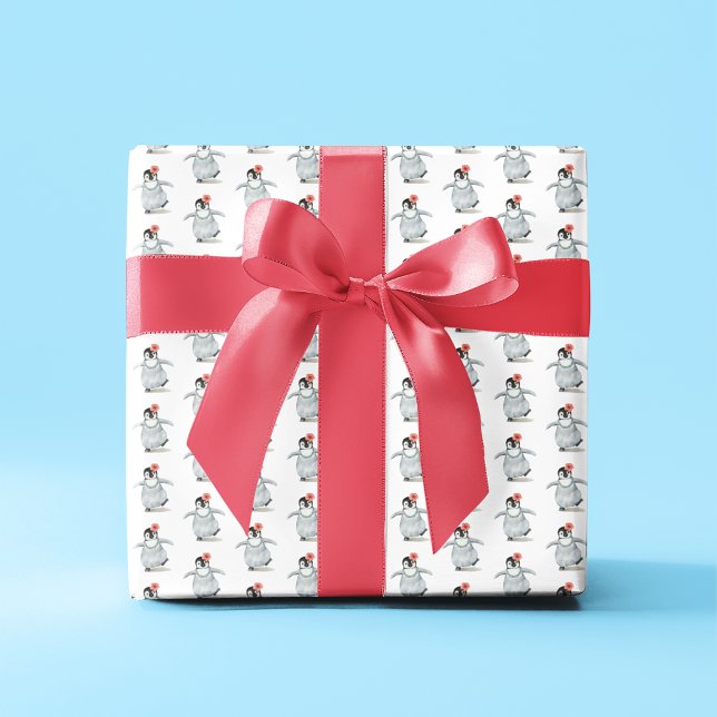 Papel De Presente Pinguim Menino Bonito com Padrão Flor de Hibiscus (Criador carregado)