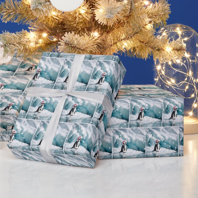 Papel De Presente Pinguim Natal Com Chapéu De Papai Noel (Feriados)