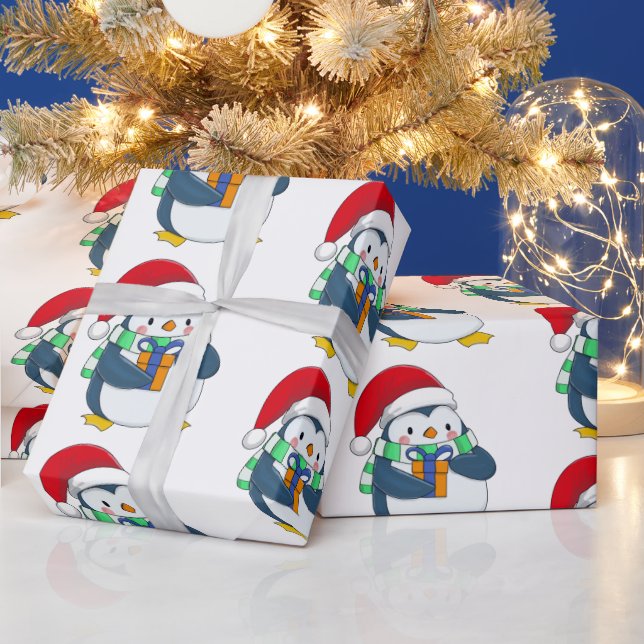 Papel De Presente Pinguim num chapéu de Natal com um presente (Feriados)