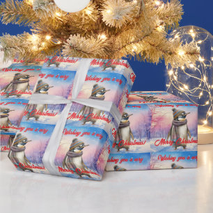 Papel De Presente Pinguim numa paisagem nevada Feliz Natal