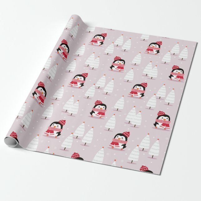 Papel De Presente Pinguim Padrão de Natal (Desenrolado)