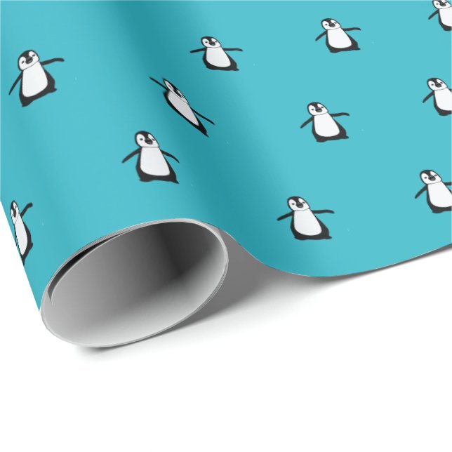 Papel De Presente Pinguim Pinguim de Natal bonito azul de inverno (Ponta do rolo)