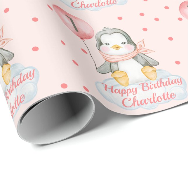Papel De Presente Pinguim-primeiro aniversario rosa (Ponta do rolo)