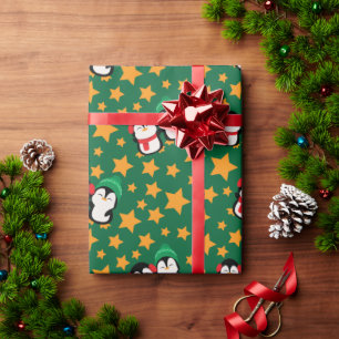 Papel De Presente Pinguins adoráveis e presentes verdes no Natal nas