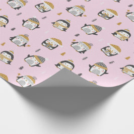 Papel De Presente Pinguins bonitos com árvores, neve e presentes a r